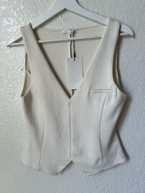 NWT Zara ZW Collection White Peplum Vest Top Deep V-Neck Tailored